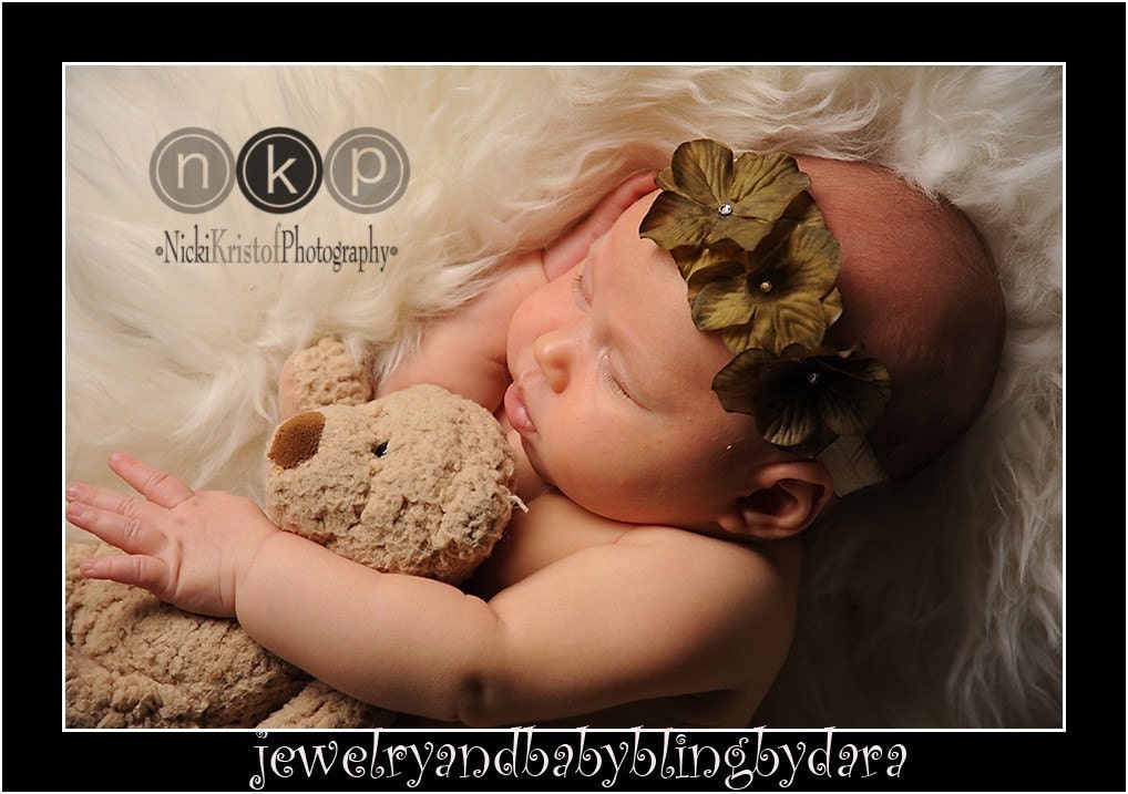 Triple Dainy Moss Green Hydrangea Flowers WIth Swarovski Crystal Centers on Soft Stretch Ribbon Headband Fits Infants Toddlers Teens Tweens and Adults  ...Matching Mommy or Big Sister Clip also available UPIC COLOR HEADBAND COLOR