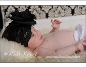 Special Occasion Black Rose Flower Black Lace Headband With Pearl Rhinestone Gem Center Fits Infants through Adults