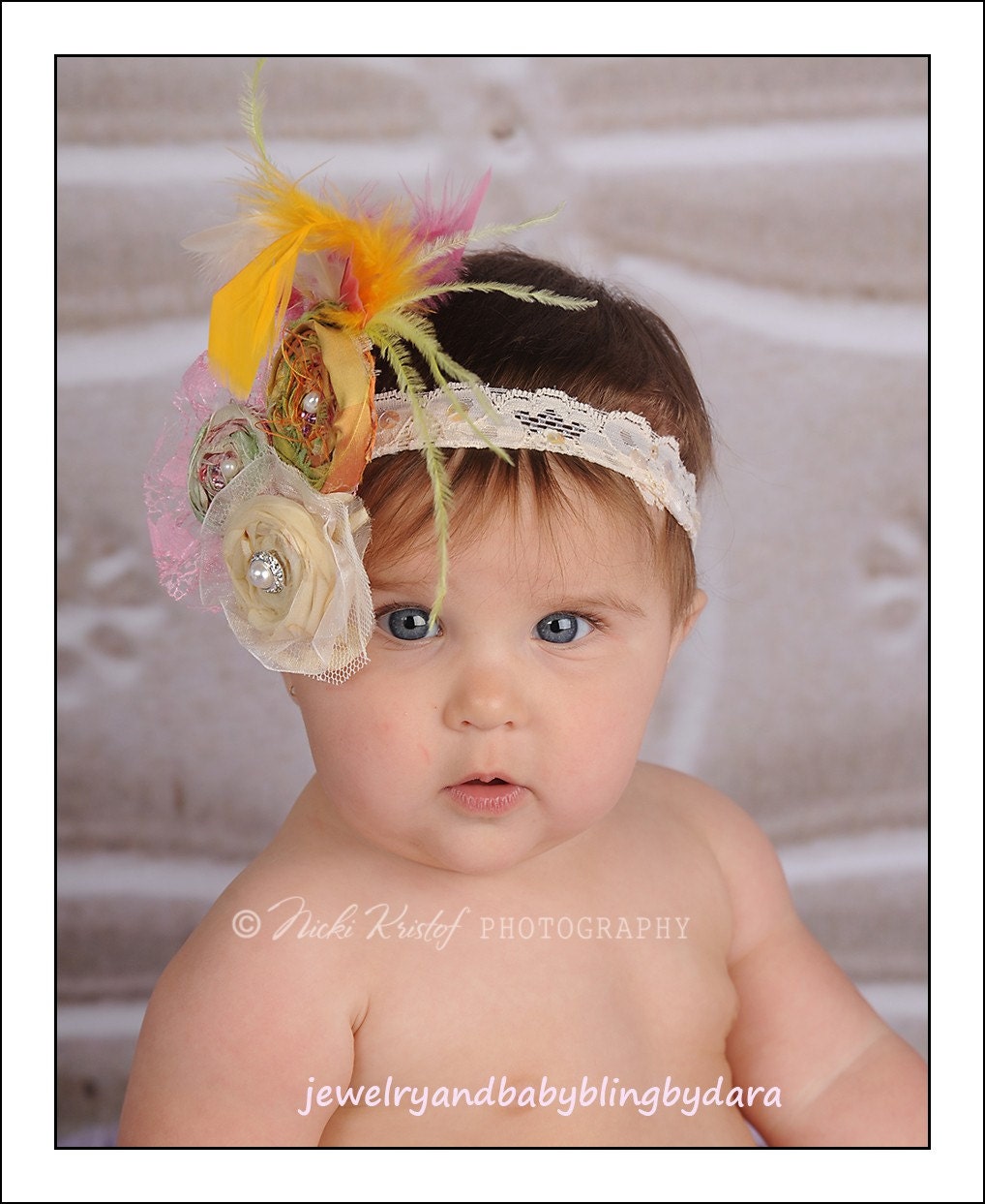 New Item.. Tropical.Vintage Raw Silk and Chiffon Handmade Rosettes Feather Rhinstone Pearl Gem With Swarvoski Crystals Freshwater Pearls Lace  Accents Perfect for Baby Infant Toddler Girl Adult