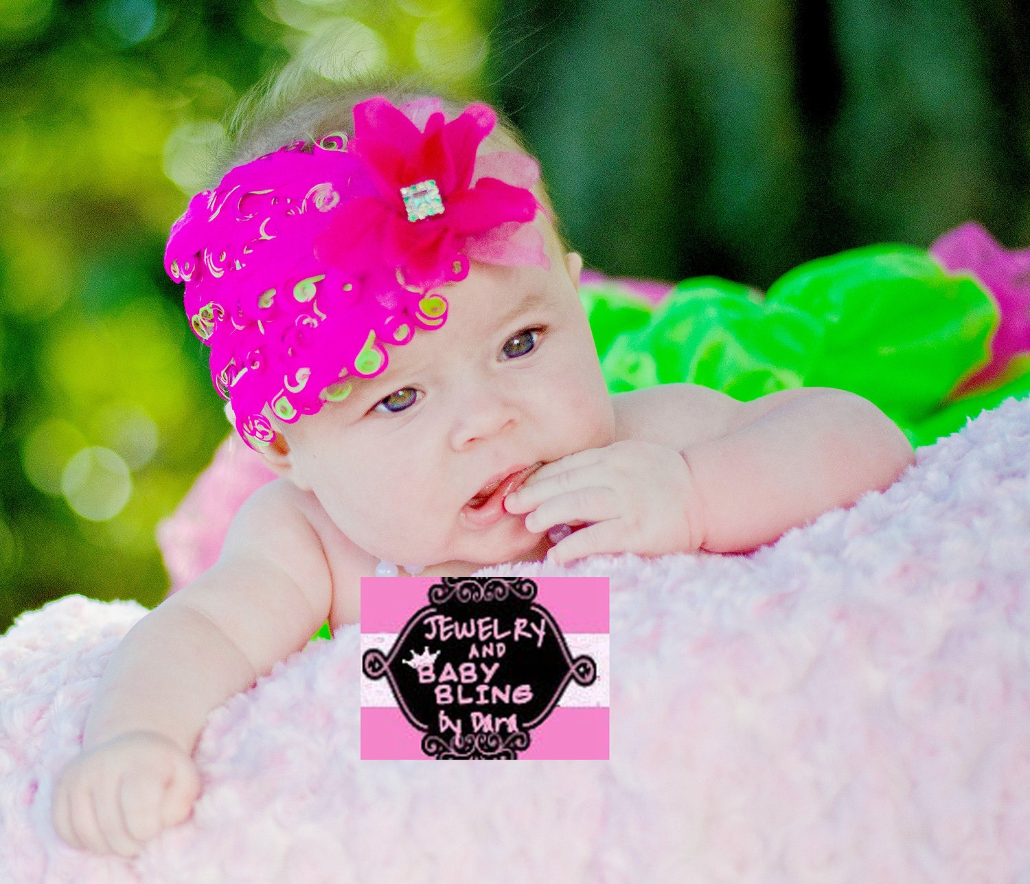 Custom Boutique Stunning Hot Pink and Lime Feather Flower Rhinestone gem Glitter Headband Fits Infants to Adults