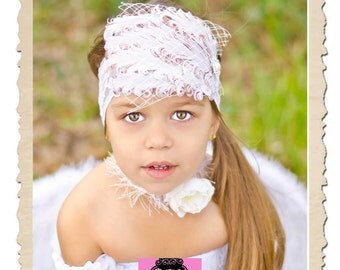 NEW Boutique Stunning White and Beige Feather Pearl Rhinestone Netting Ivory Headband Fits Newborns To Adults