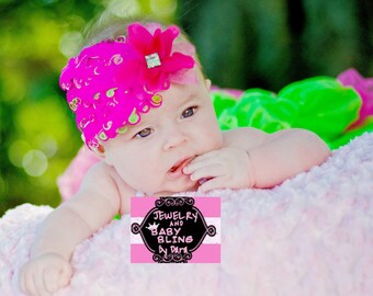 Custom Boutique Stunning Hot Pink and Lime Feather Flower Rhinestone gem Glitter Headband Fits Infants to Adults