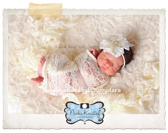 Special Occasion White Ivory Petite Flower Lace Accent Pearl Rhinestone Gem Center Thin Elastic Headband  Fits Infants through Adults