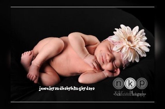 Cream Pink Gerbera Daisy Swarovski Crystal Center Pink Lace Headband Fits Infants Teens Tweens and Adults