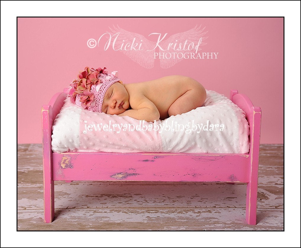 NEW Light Pink Infant Knit Beanie Hydrangea Flowers with Swarovski Crystal, Ribbon and Marabou Feather Accents