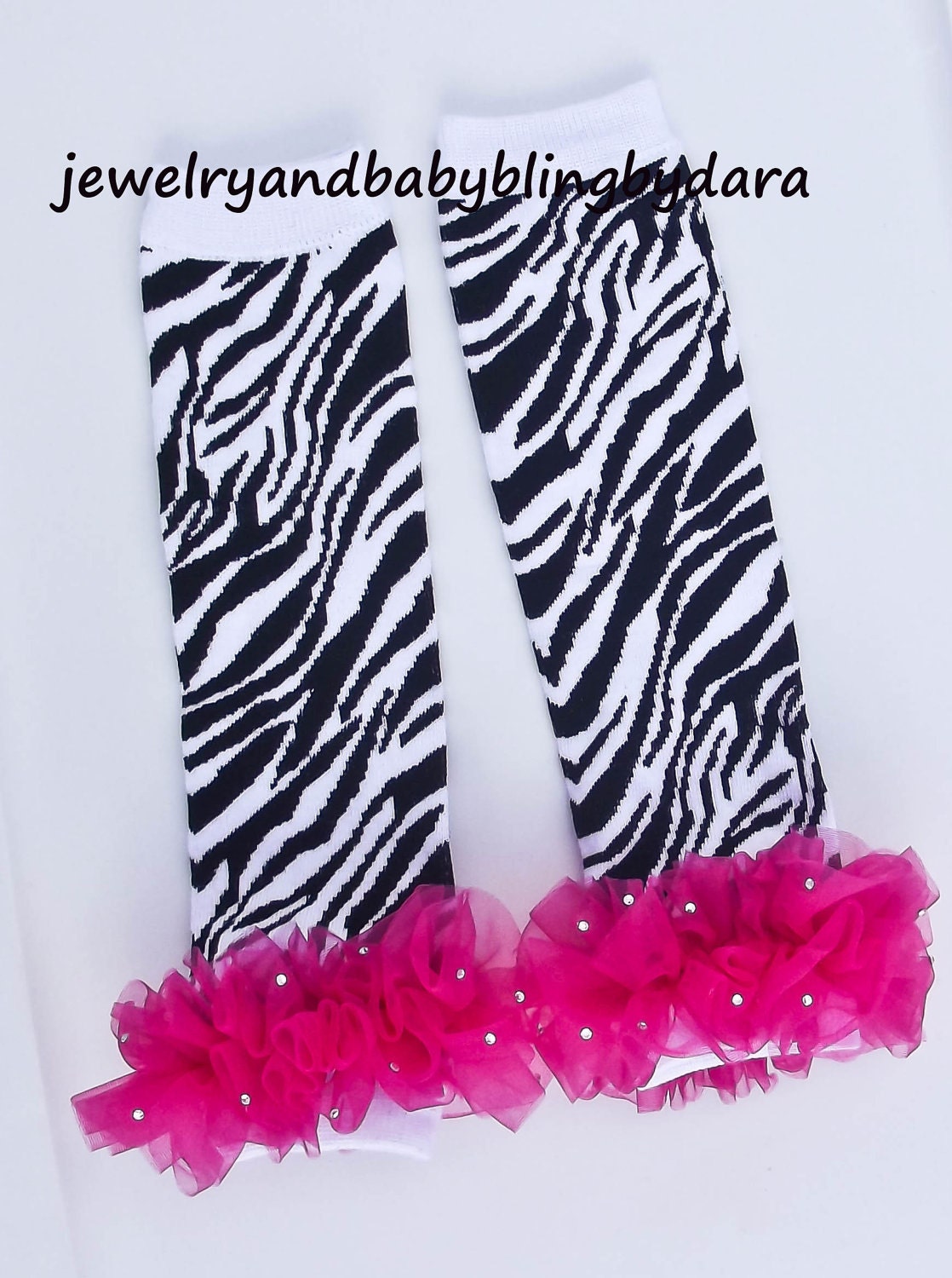 Girl Black and White Striped Zebra Leg Warmers with hot pink chiffon ruffles and swarovski crsytal bling