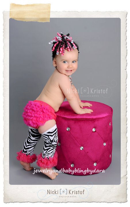 Girl Black and White Striped Zebra Leg Warmers with hot pink chiffon ruffles and swarovski crsytal bling