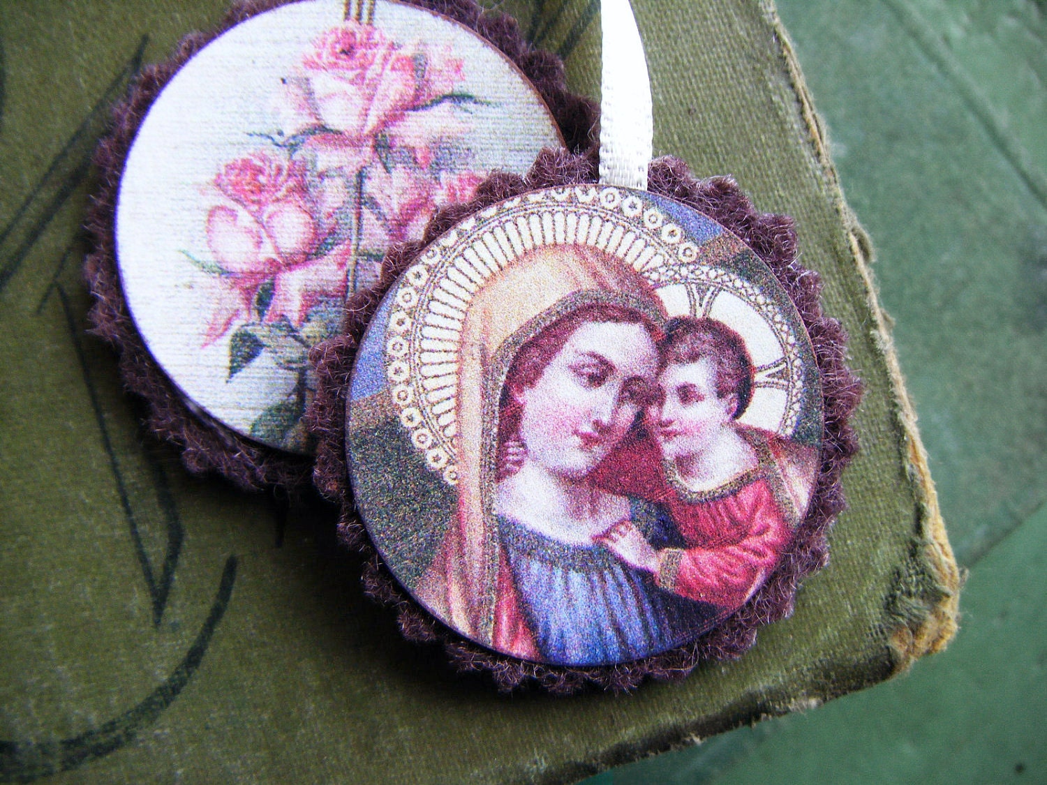Hand-dyed Wool Scapular -- Madonna and Child -- Handmade in Ireland