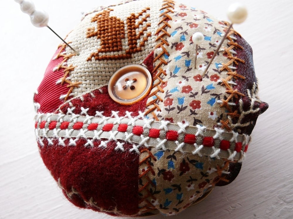 Crazy Quilt Pin Cushion -- Embroidered Cross Stitch Squirrel -- Made in Ireland