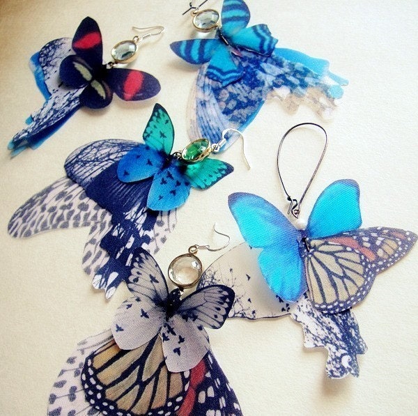 Butterflies all Over Earrings -Transfer on Silk -PAIR