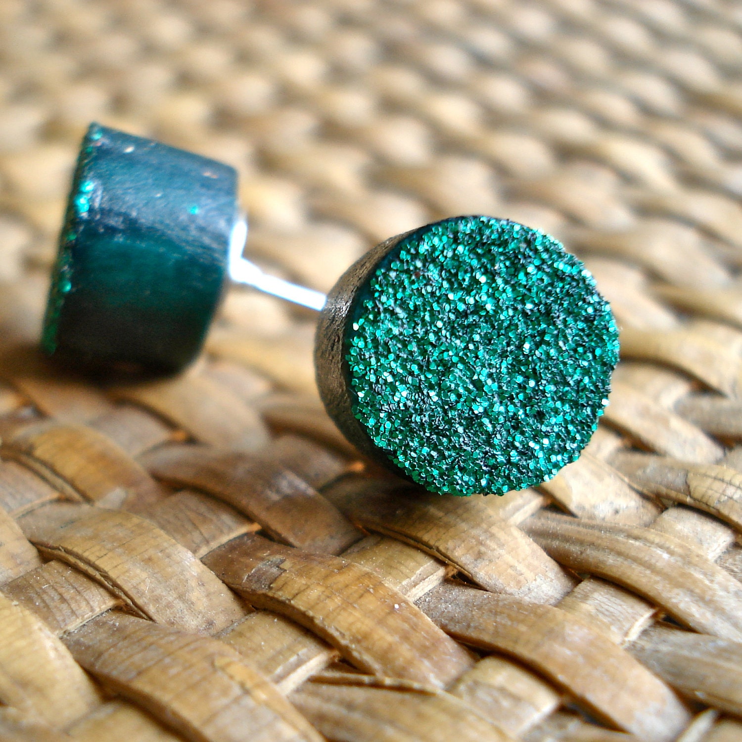 May Emerald Hand Painted Glitter Post Earrings by Robot Pop