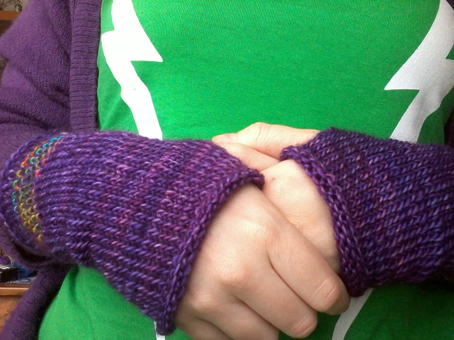 fingerless gloves - purple wool with rainbow stripe - red, yellow, orange, green, pink, and blue