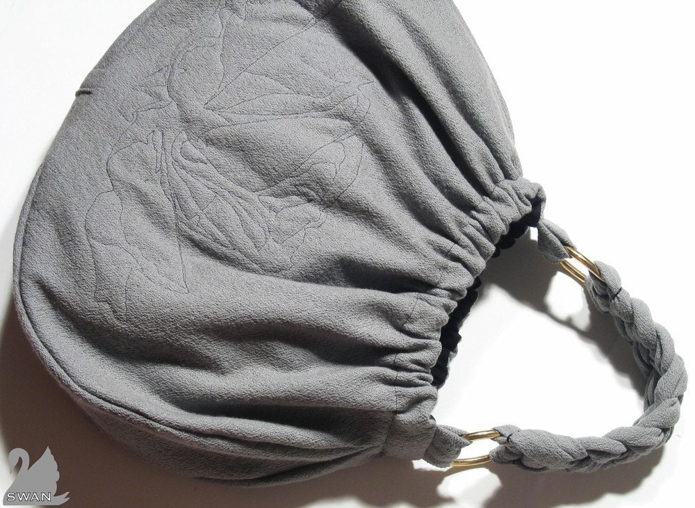 SWANclothing Rose Quilted Louche Mini Tote in Grey w Braid and Bronze Rings LAST ONE