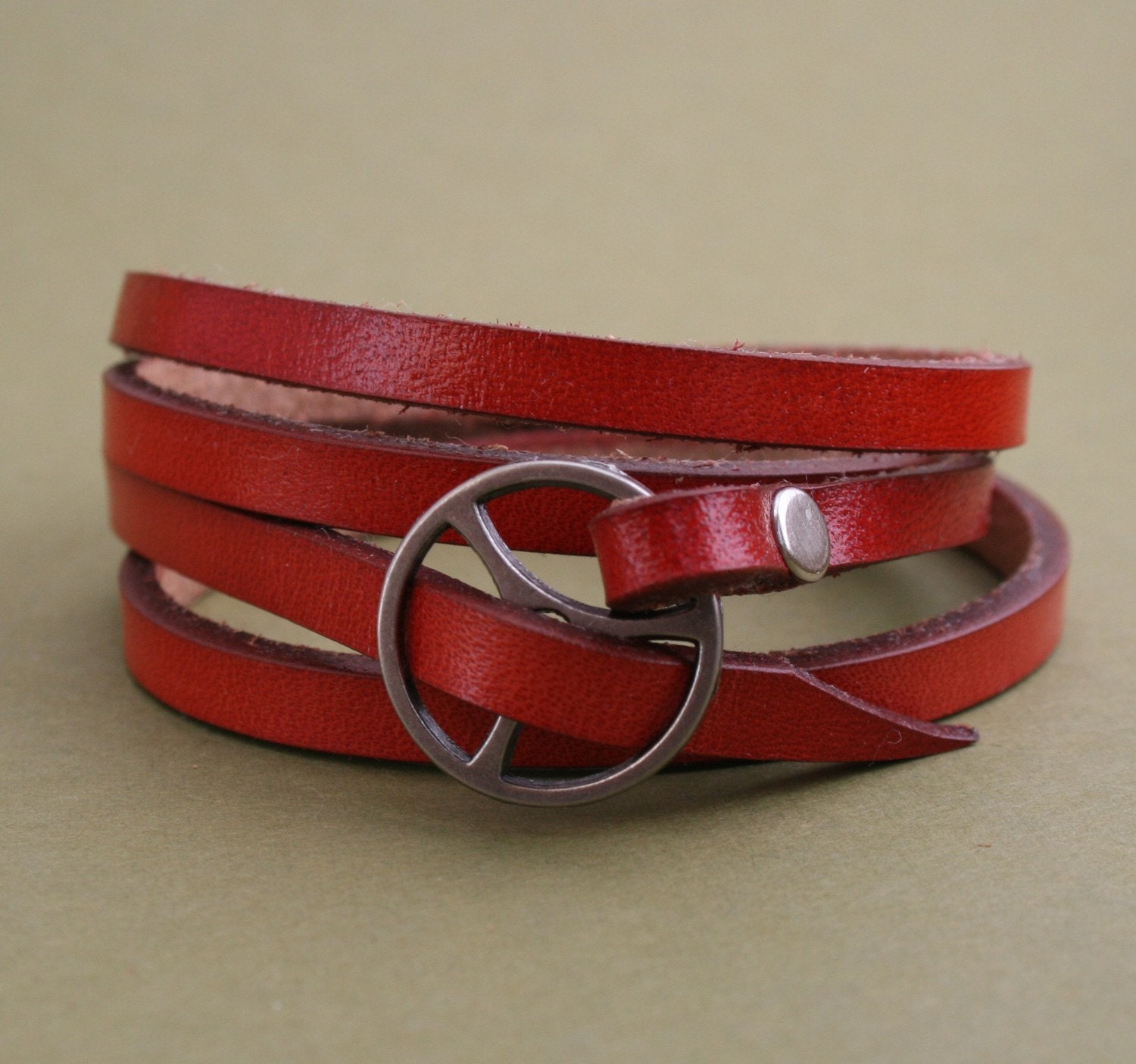 Leather Wrap Bracelet in Red leather with silver buckle as seen in Country Living Magazine
