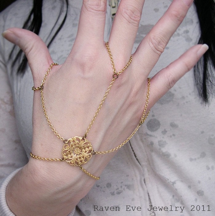 Spinnerete Gothic Flourish Filigree Hand Flower Slave Bracelet  Hand Jewelry