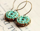 Deep Aqua Earrings - green turquoise clay on lace edge setting