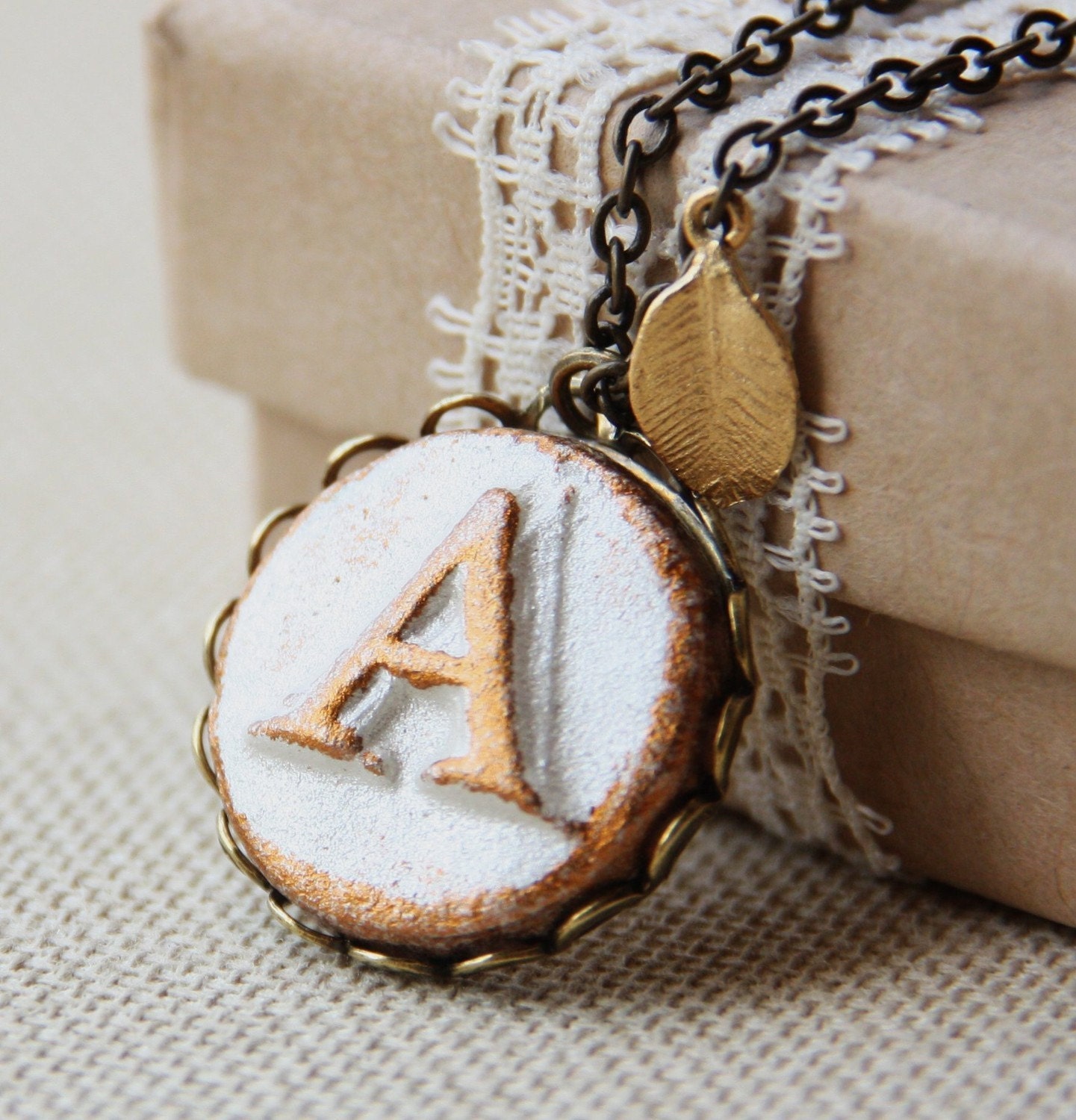 Your Initial necklace - Round Pendant on lace edge setting - Personalized Custom Letter