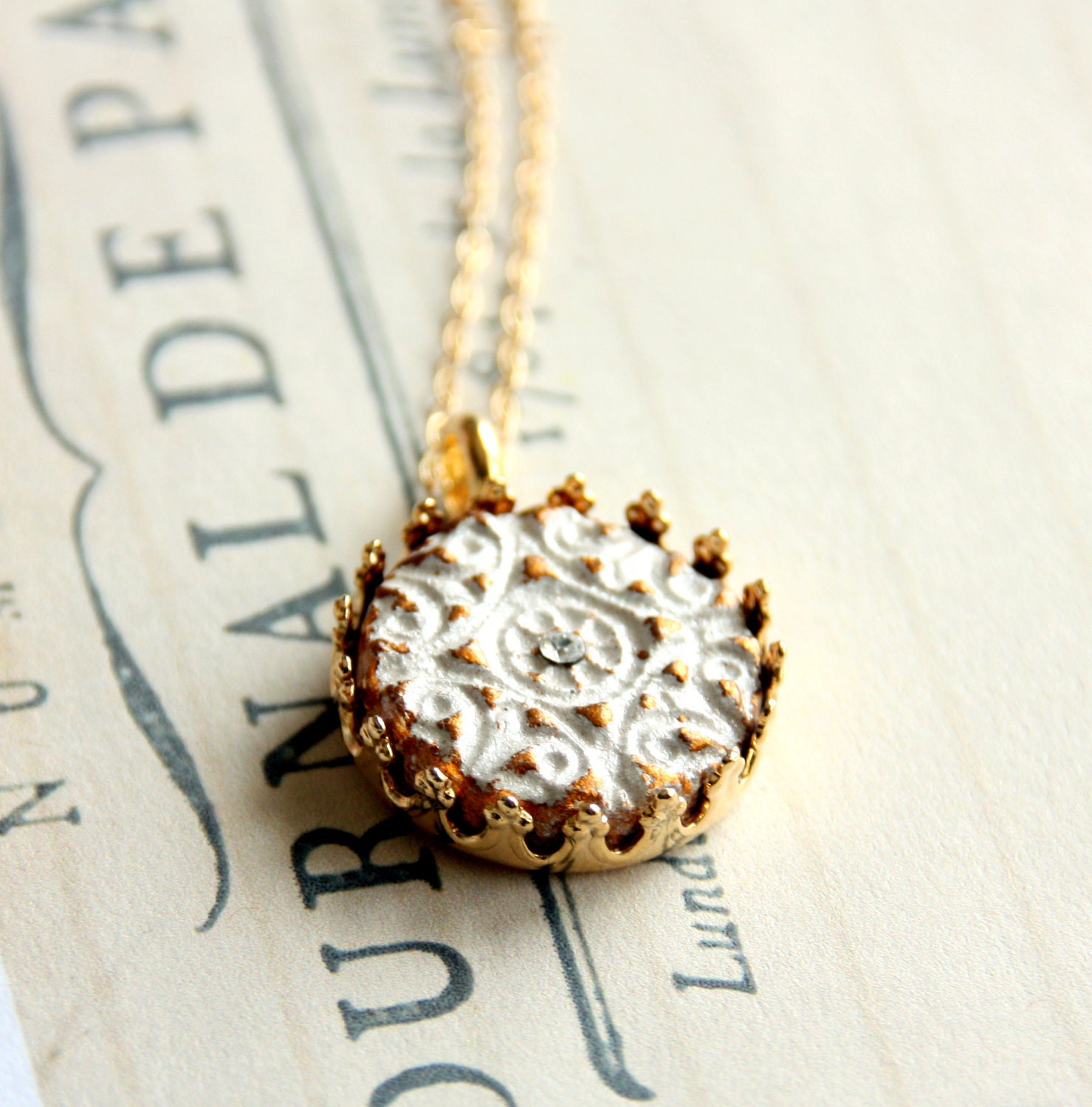 The Princess Necklace- pearl white clay pendant on gold filled chain