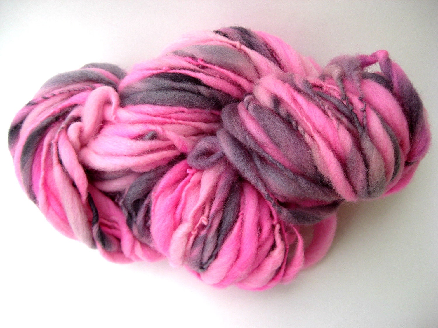 Handspun Yarn - Art Yarn - Thick and Thin - Bulky Single - Hand Dyed - Merino Wool - Flamingo - 66 Yards