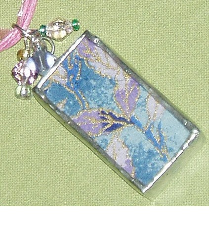 Washi Paper Necklace Blue/Purple/Pink/White, .75 inches x 1.5 inches, 16 to 18 inch cord, Handmade Soldered Pendant, Reversible