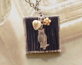 Owl Stained Glass Pendant Necklace, 23.5" brown glass w off-white flower & leaf, silver-tone chain, nature themed handmade necklace