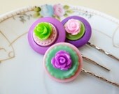 Vintage Button Bobby Pin Set, Flower Cabochon Hair Accessories, Lavender Pink Lime Green