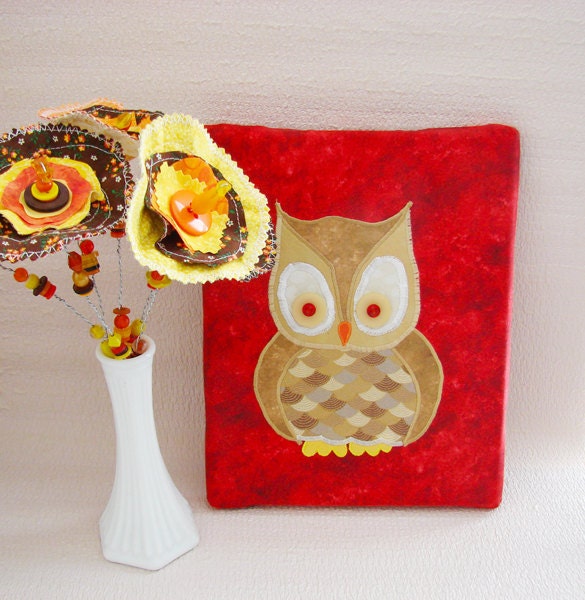 Mr. Owl Wall Art, Textile Button Art Boys Nursery Wall Hanging in Red Brown