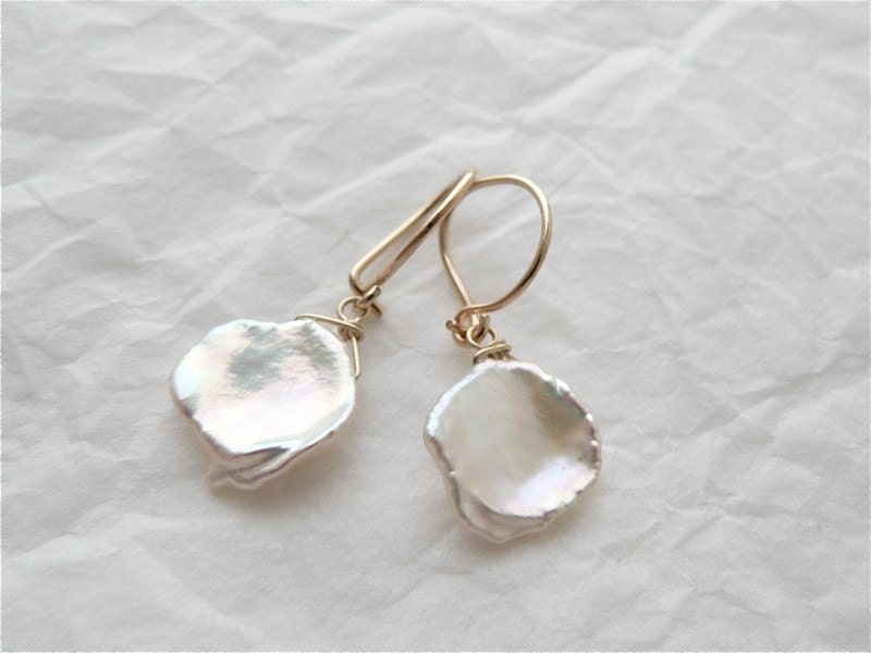 pearl dangle earrings - small keishi pearl earrings - snowflakes - delicate gold jewelry by windowsill