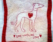 Hand quilted, handstitched Greyhound Love Redwork Mini Art Quilt Free Shipping