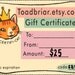 25 Dollars Gift Certificate to Toadbriar Art and Bears - Great for Secret Santa