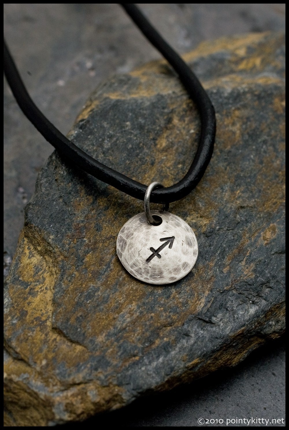 Sagittarius - Hammered Sterling Zodiac Pendant on Black Leather Necklace