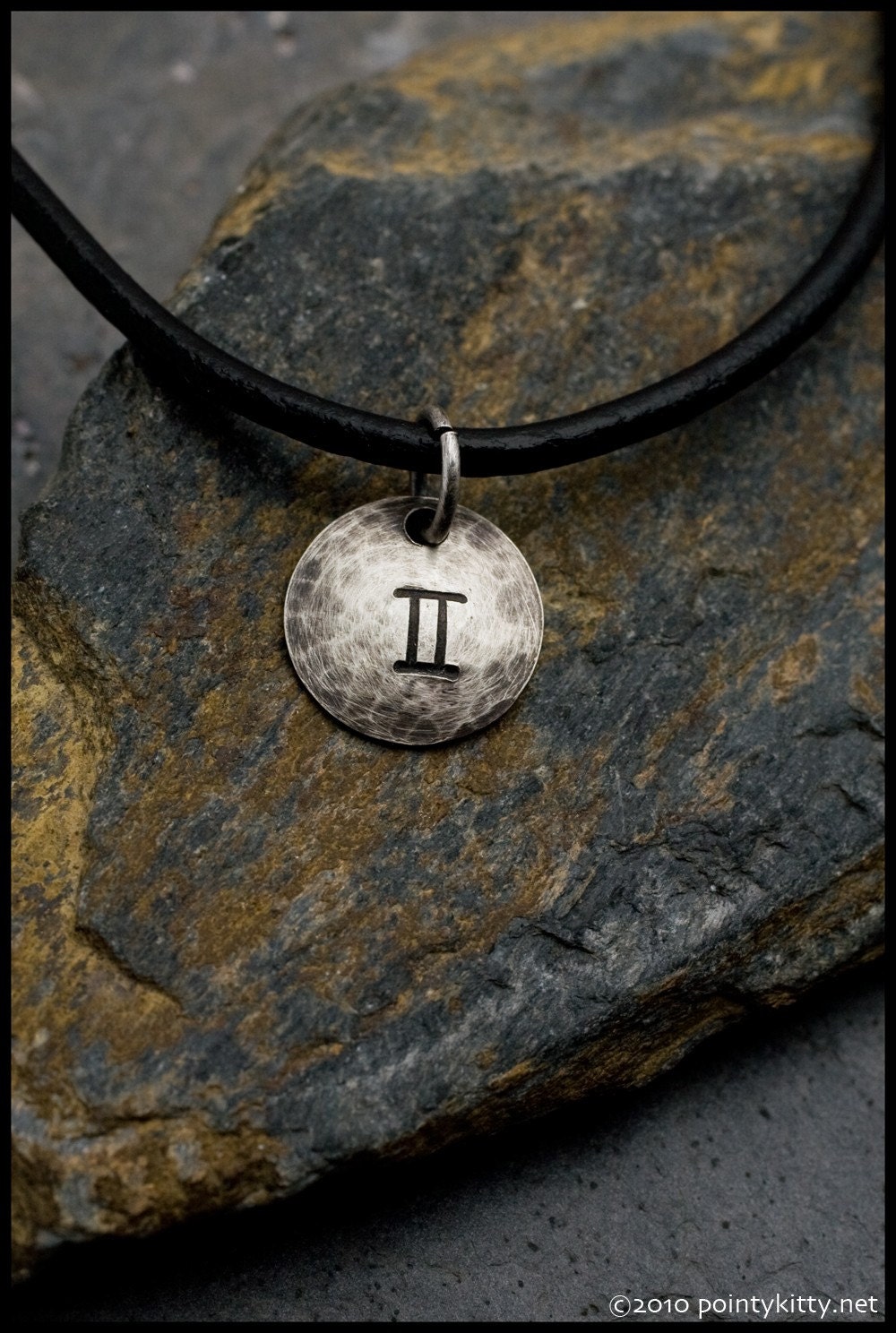 Gemini - Hammered Sterling Zodiac Pendant on Black Leather Necklace