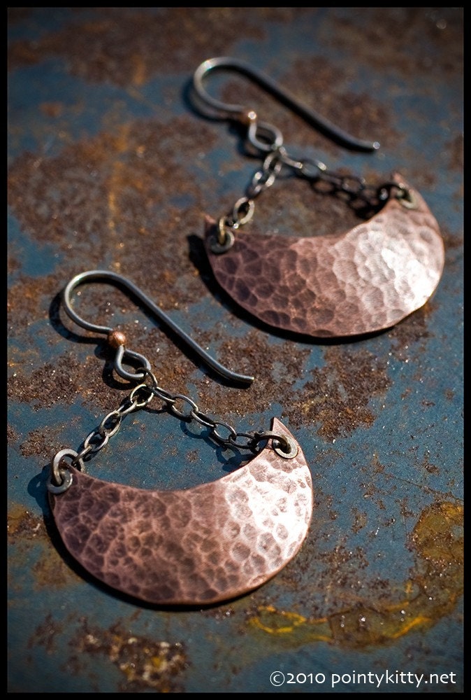 Alys - sterling silver, copper and niobium hand-hammered crescent earrings