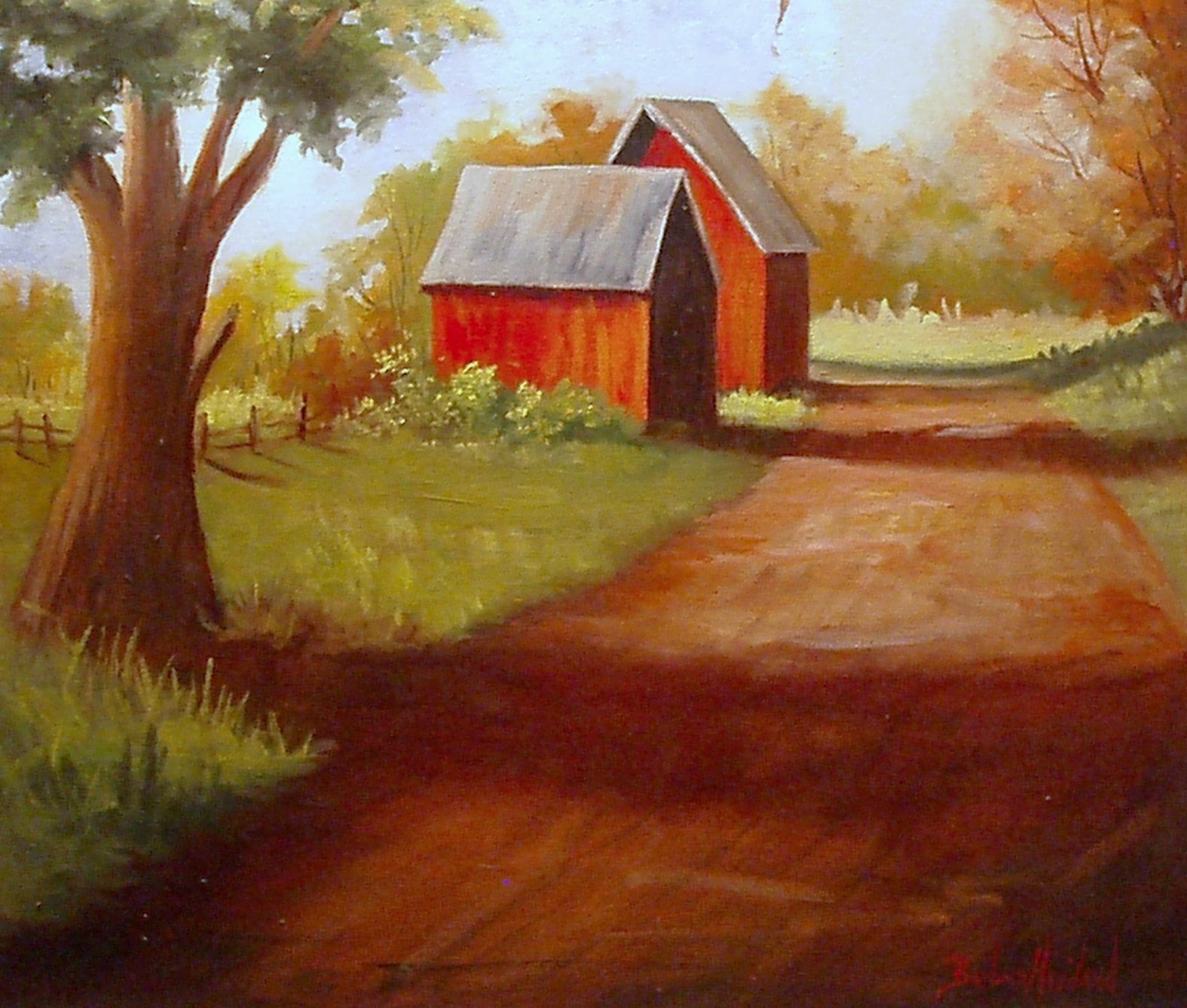 Barn Red  and Pathway Gallery wrap canvas oils Barbara Haviland Texas Painter