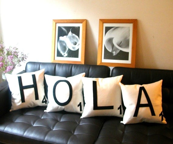 4 Personalized Canvas Scrabble Cushion COVERS, Name Pillow Cover, Word Pillow Cover -Pillow HOLA or  any 4 letters