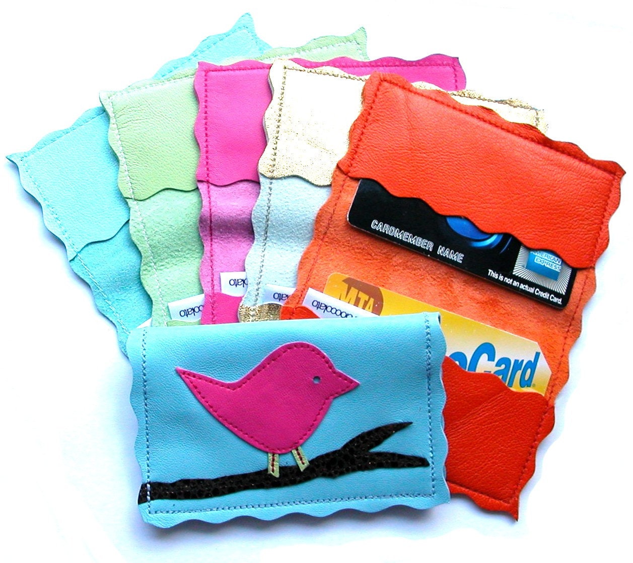 Metro Leather Business Card Holder TM,Credit Card Wallet, Leather Card Holder, Credit Card Holder, ID Holder - with Birdie Applique