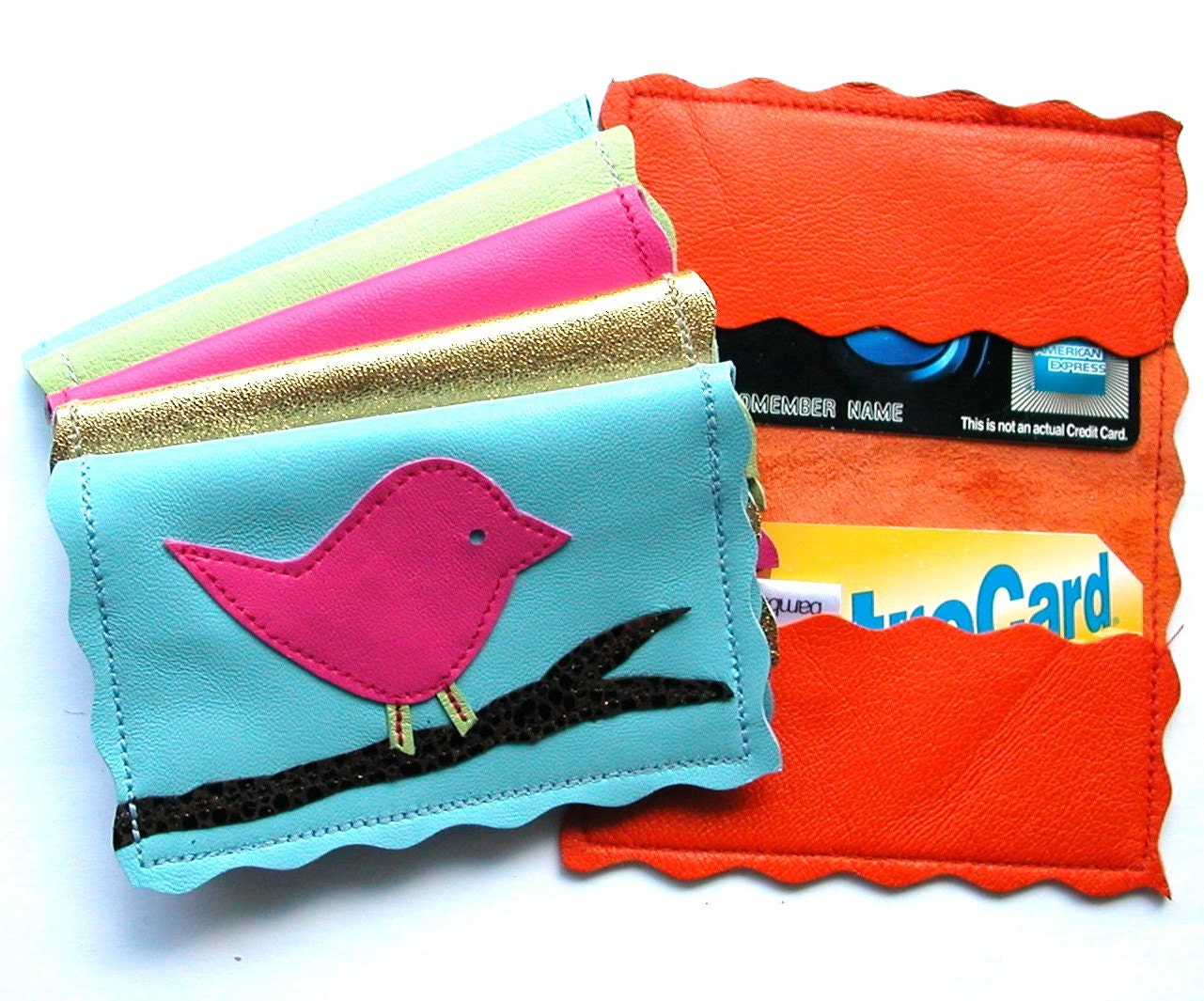 Metro Leather Business Card Holder TM,Credit Card Wallet, Leather Card Holder, Credit Card Holder, ID Holder - with Birdie Applique