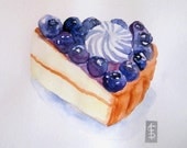 Blueberries Vanilla Tart Cake Slice - Original Watercolor Painting