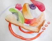 Fruit Tart Cake Slice - Original Watercolor Painting - Sweet Kitchen Art