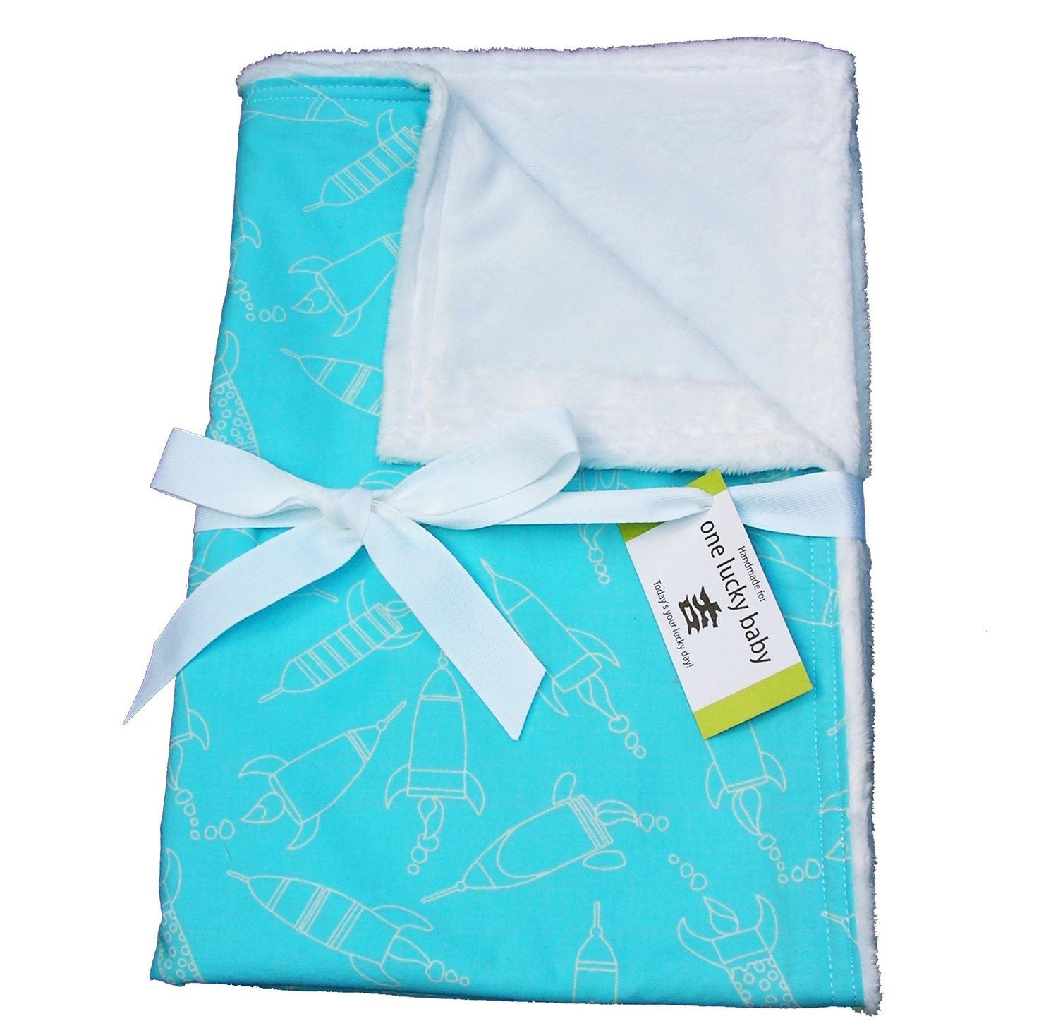 ROCKETS IN FLIGHT Blue Minky Toddler Blanket