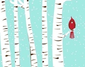 Winter Cardinal & Birch Trees - Modern Cardinal Art  Print - silkscreen - strawberryluna