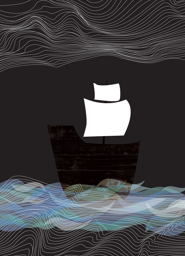 Giclee Ship Print - Ghost Ship By Night - Nautical Boat Art Print Sea Voyage Art