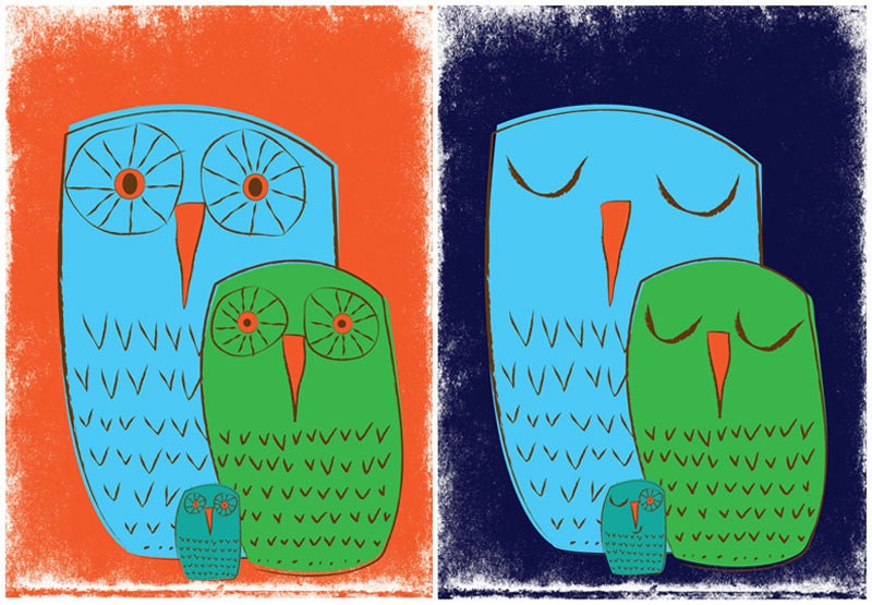 Giclee Print Set - Owl Family - We 3 Owls Art Prints - Nursery Kids Room Wall Art by strawberryluna