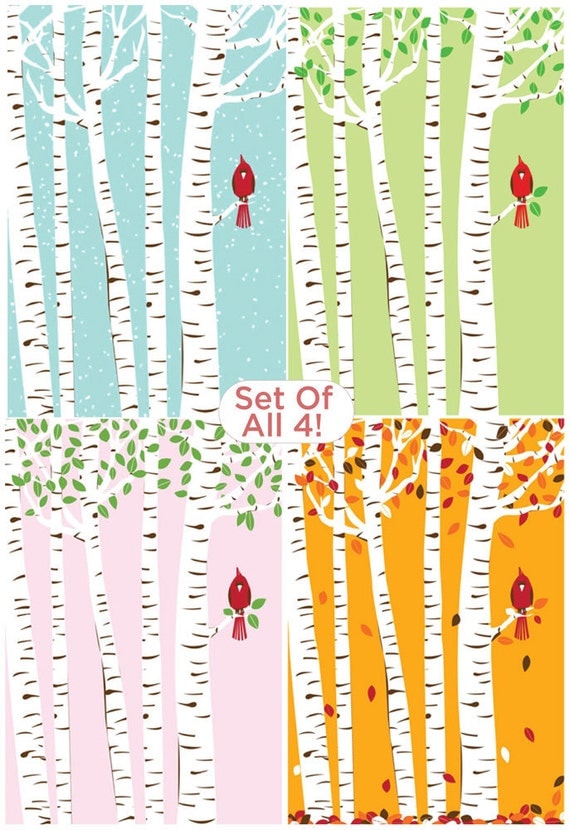Screenprint Poster Set - Cardinal Bird Seasons & Birch Trees Art Print Posters - 4 Seasons Print Set