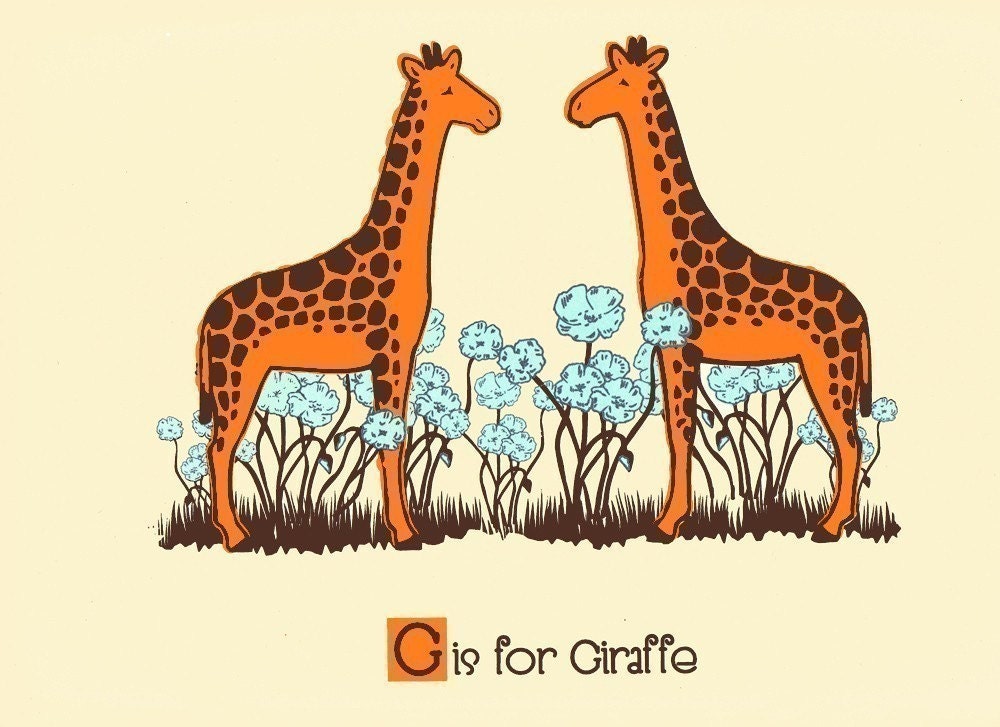 Nursery Print G is for Giraffe Alphabet Print - Screenprint Nursery Art - Kids Wall Art Silkscreen Animal ABC Poster by strawberryluna