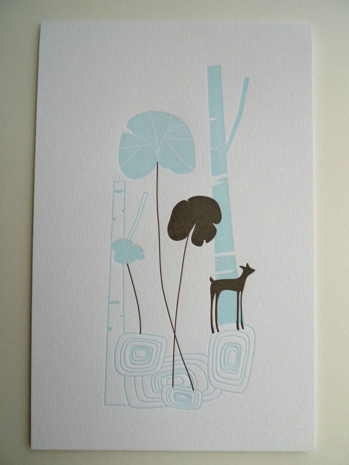 Birch Trees and Deer letterpress print