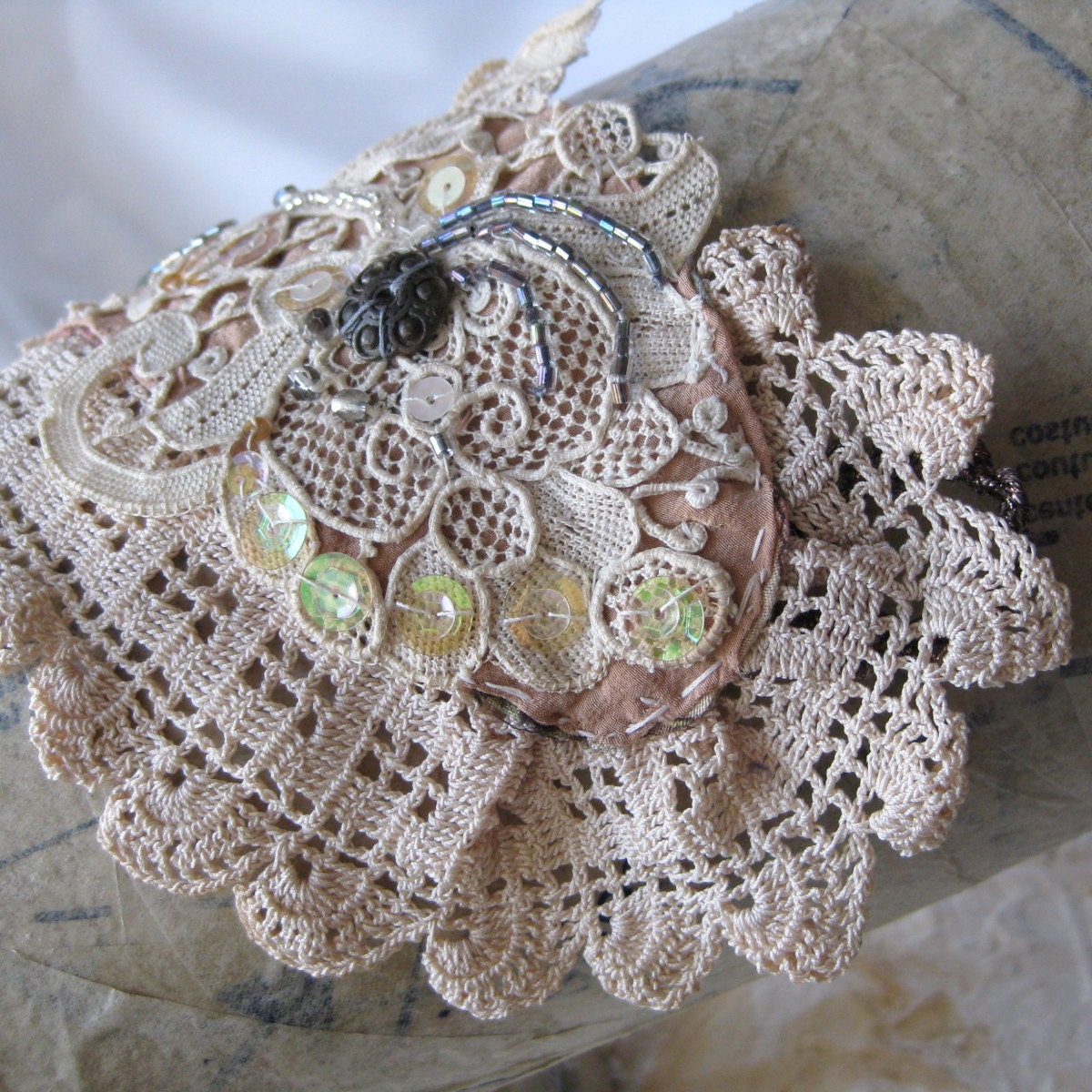 In Stitches n3. textile cuff - soft rustic - romantic gypsy - antique lace - metal flower button - vintage sequins - cream - lingerie beige