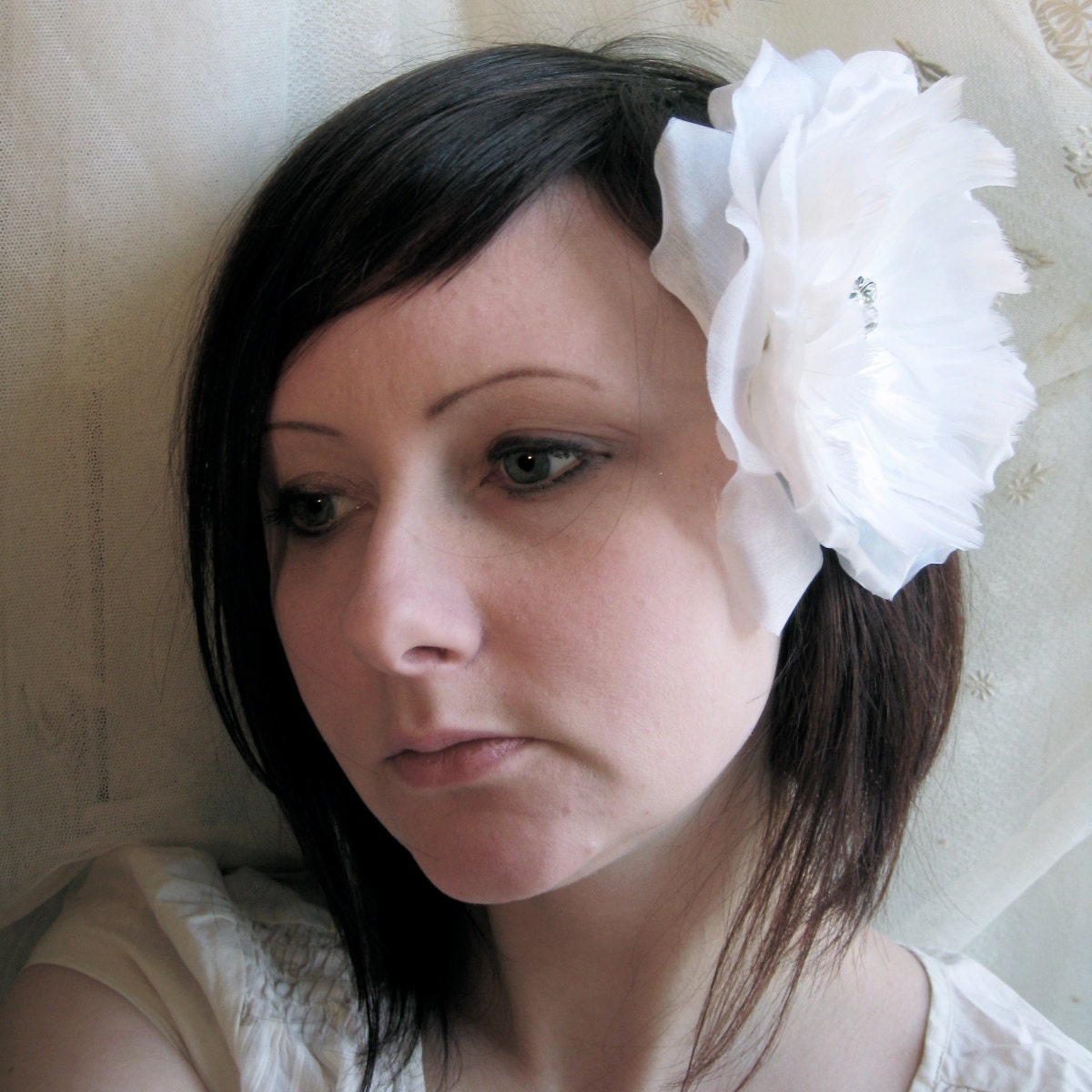 ready to ship - dramatic wedding flower- antique rhinestone - feather flower - silk rose fascinator -bridal headpiece - off white