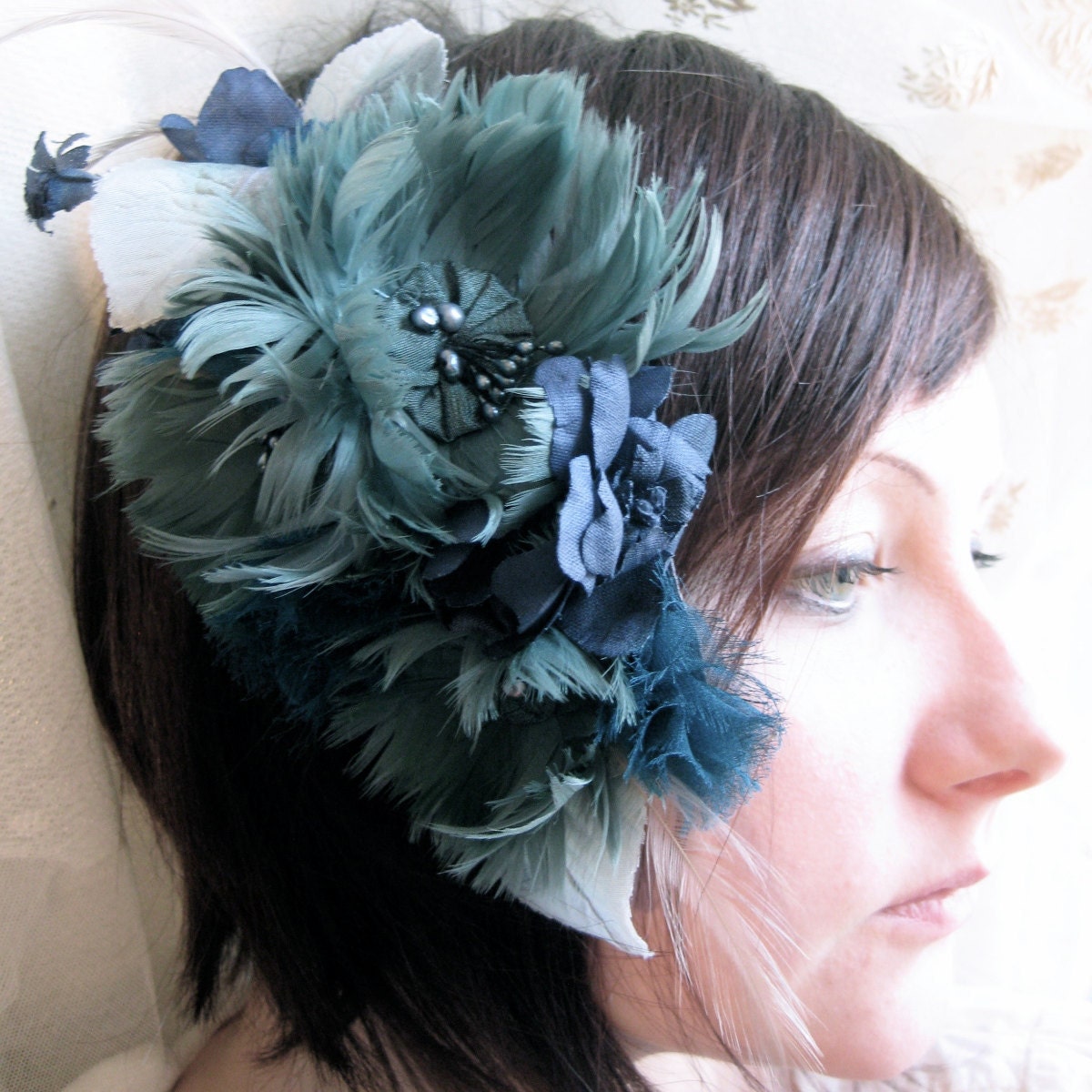 dramatic feather flowers- custom clip - silk rose fascinator -wedding headpiece - teal - silk chiffon ruffles - sea glass aqua