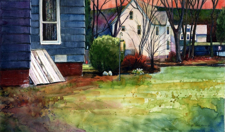 Original Framed Watercolor Bulkhead in New England DelPesco